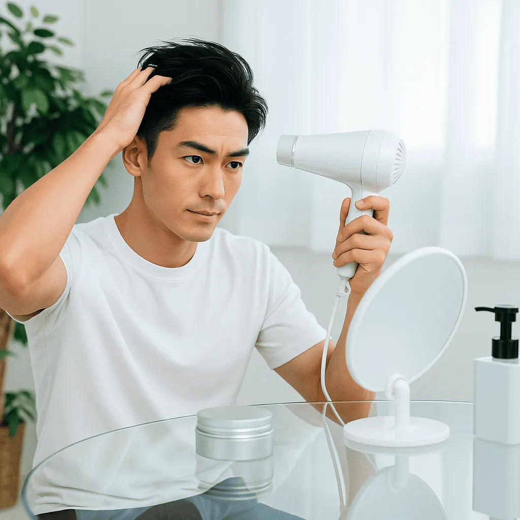 メンズパーマのドライヤーはカールを“握るように”しながら風を当てる