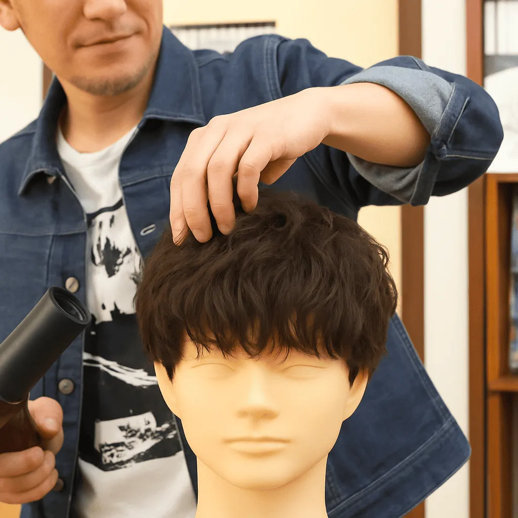 仕上げの一手間として、冷風を使ってパーマスタイルを定着させる